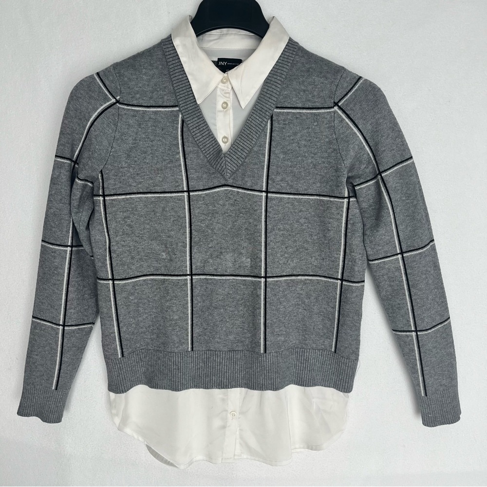 Jones New York (JNY) Women's Sweater V-Neck Grid Pattern Gray-White Office Sz L